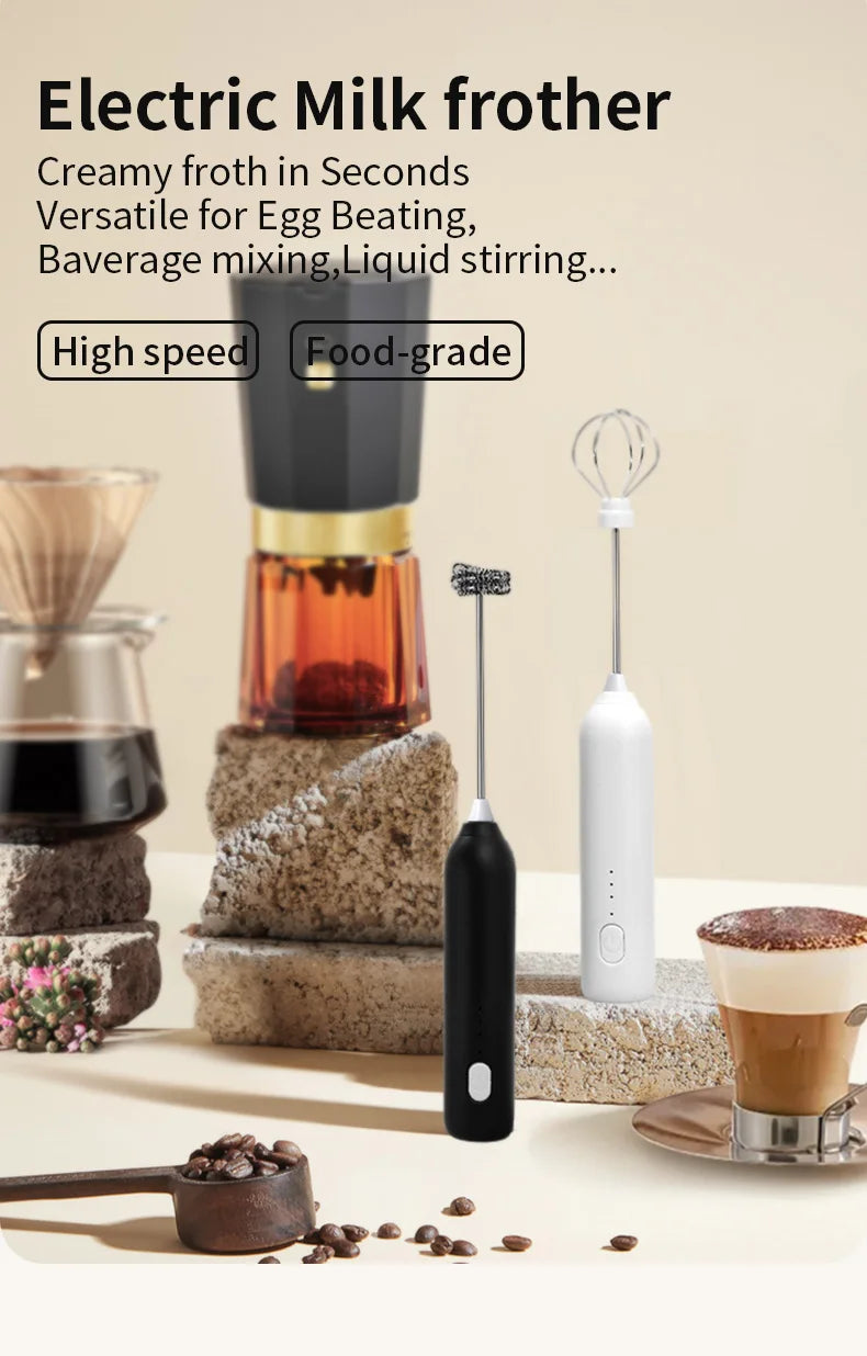 2 In 1 Electric Coffee Frother + Egg Beater Wireless Type-C Charging 3 Speeds Small Handheld Foam Maker Milk Whisk Cooking Tools
