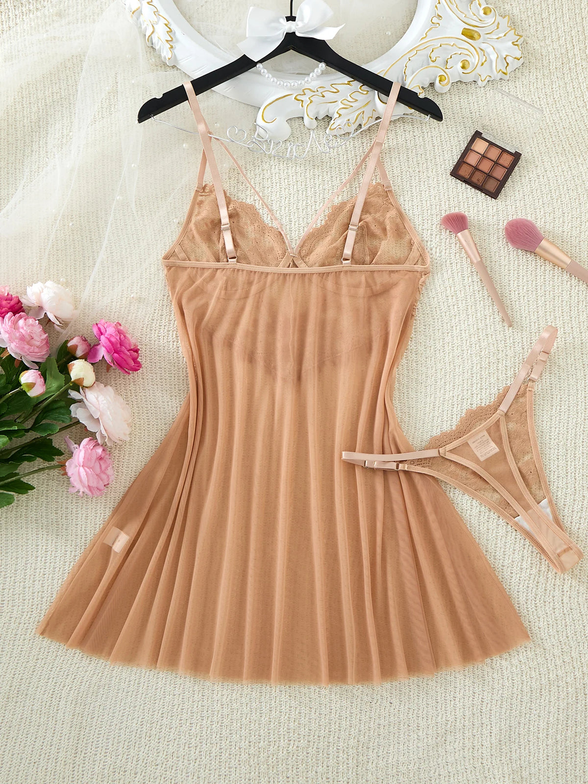 Champagne Floral Embroidered Mesh Nightgown