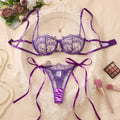 Purple Floral Embroidered Bra & Tie-Side Thong Set