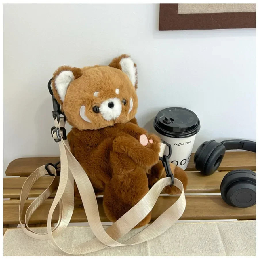 Red Panda Plush Backpack Cute Plushie Doll Women Crossbody Fur Soft Shoulder Bag for Camping Travel Party Female Birthday Gift