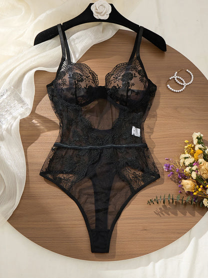 Women's Black Floral Lace Bodysuit