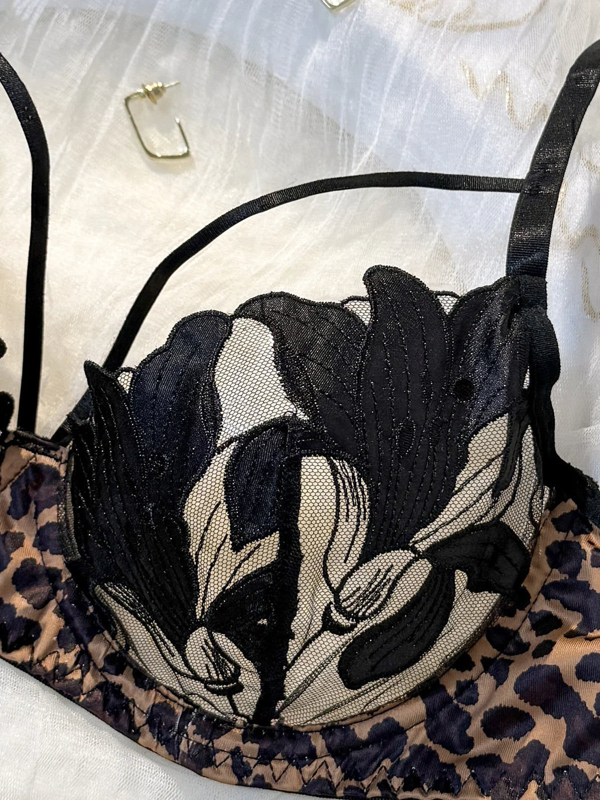 Black Leopard Floral Embroidered Bra & Thong Set