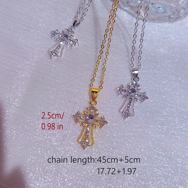 Gothic Pink Cross Necklace Y2K Purple Zircon Punk Pendant Necklace Grunge Heart Cross Necklace for Women Jewelry Accessories