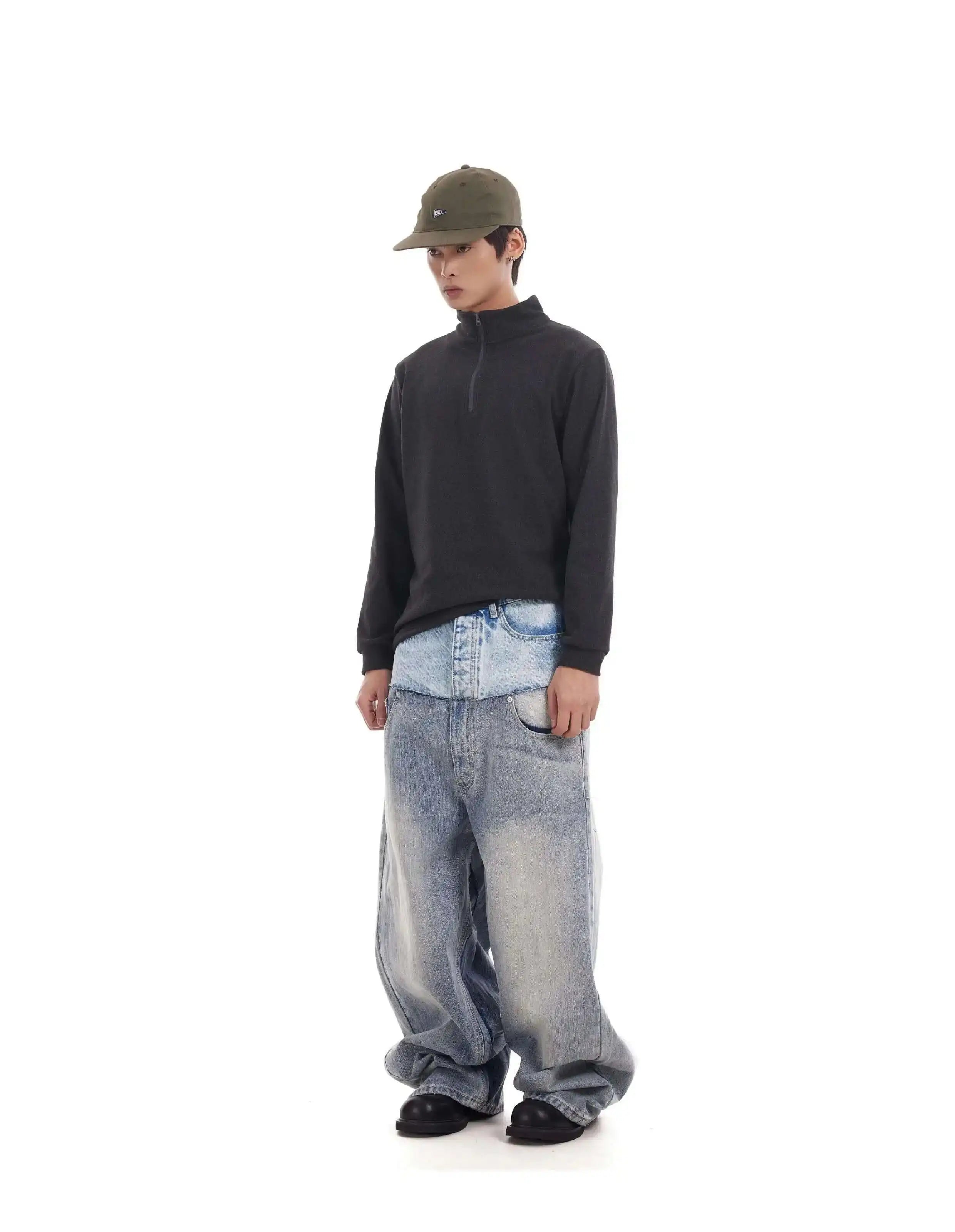 PFNW Niche Colorblock Patchwork Wide Leg Blue Jeans Men's Spring 2025 New Straight Double Waist Design Denim Trousers 28W6048