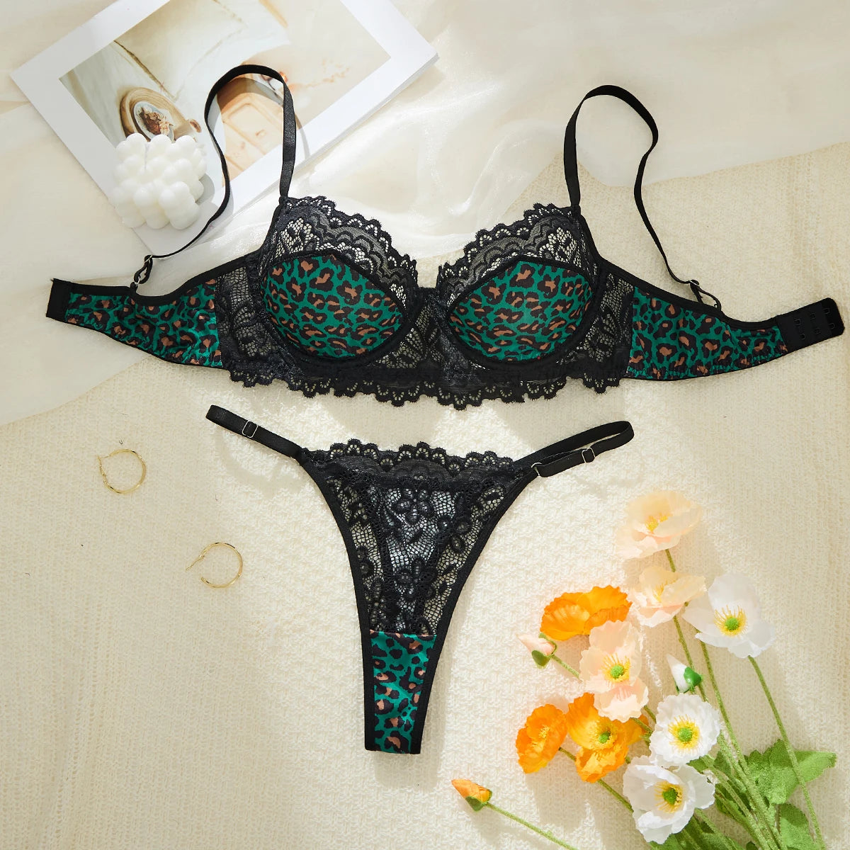 Green Leopard Print Bra & Thong Set