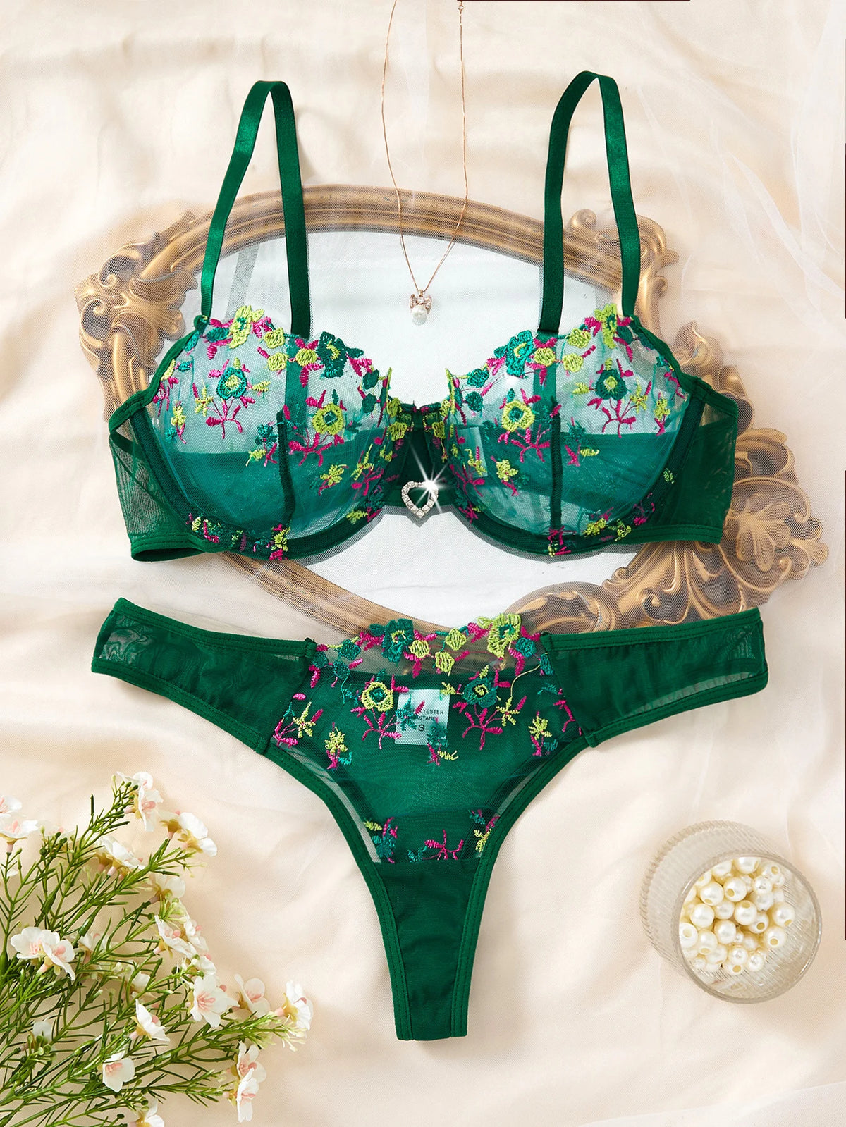 Green Floral Embroidered Bra & Thong Set