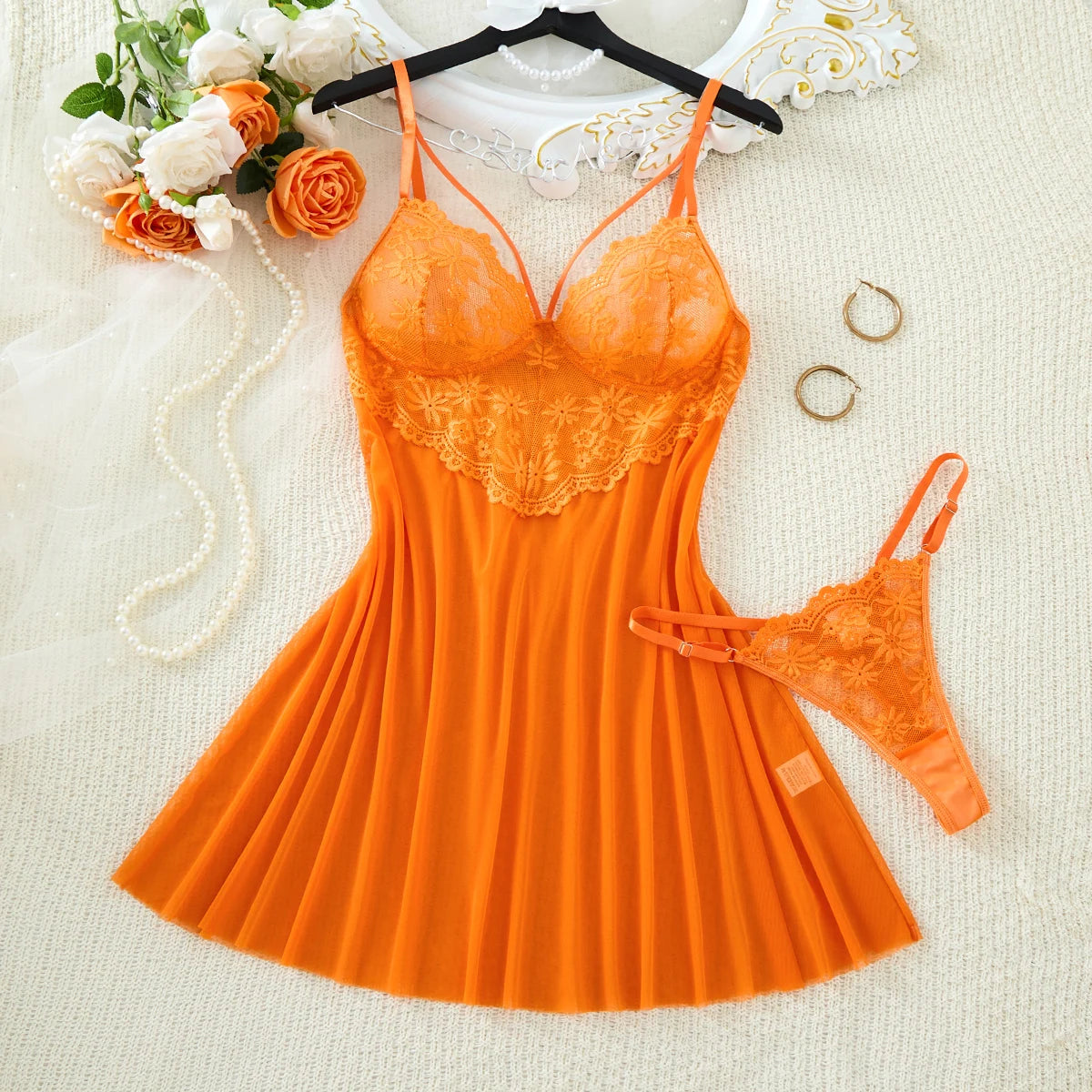 Orange Daisy Lace Mesh Nightgown Set