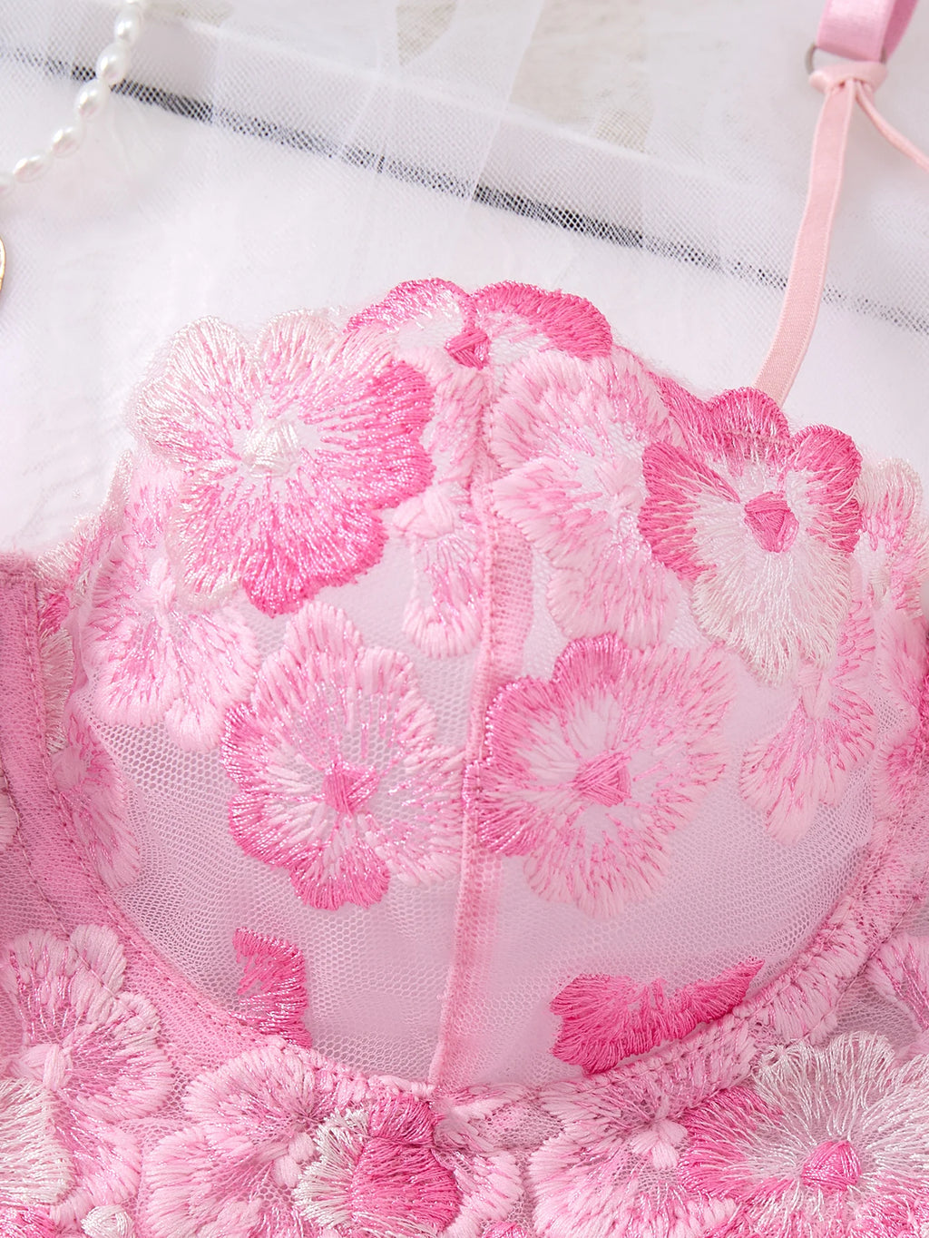 Pink 3D Floral Embroidered Bra & Thong Set