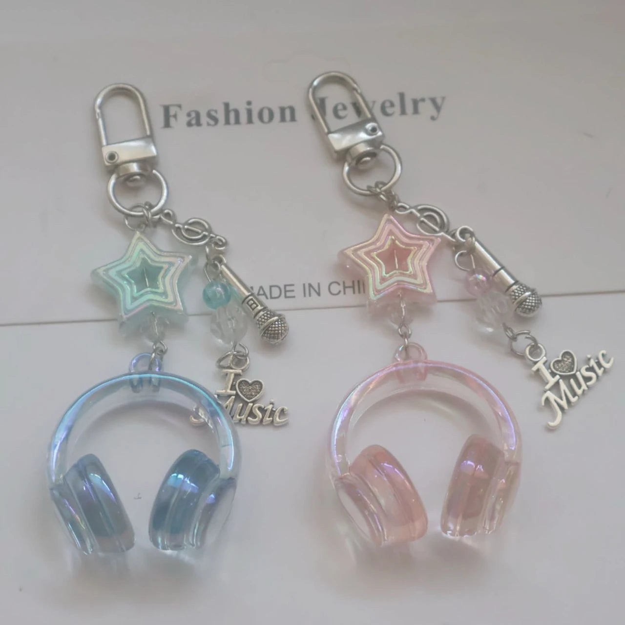 Y2K Pink Purple Gradient Color Music Earphone Beaded Keychain Creative Mini Headset Pendant Keyring Paired Lanyard Key Chain