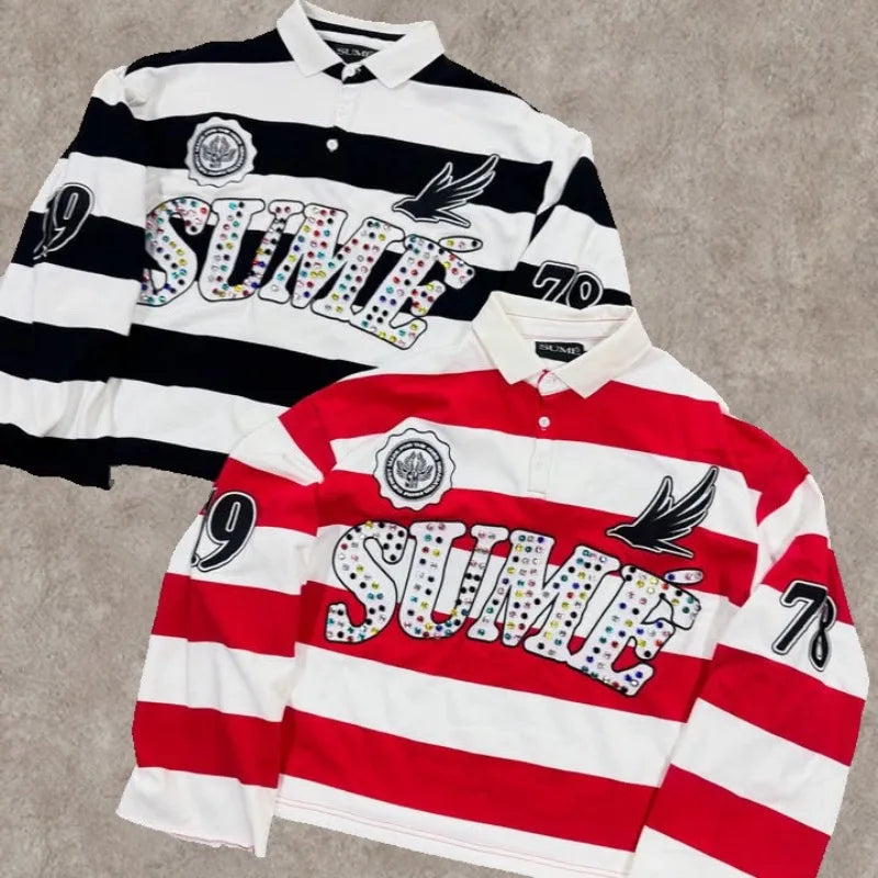 Y2K Retro Long Sleeve Polo Stripe Sume Embroidery Pattern Shirt Men Trend Sport Hip Hop Casual Streetwear Unisex Boxy Clothing