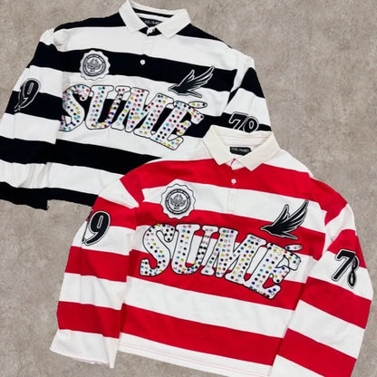 Y2K Retro Long Sleeve Polo Stripe Sume Embroidery Pattern Shirt Men Trend Sport Hip Hop Casual Streetwear Unisex Boxy Clothing