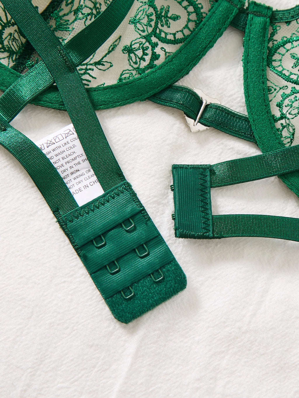 Dark Green Floral Embroidered Bra & Tie-Side Thong Set