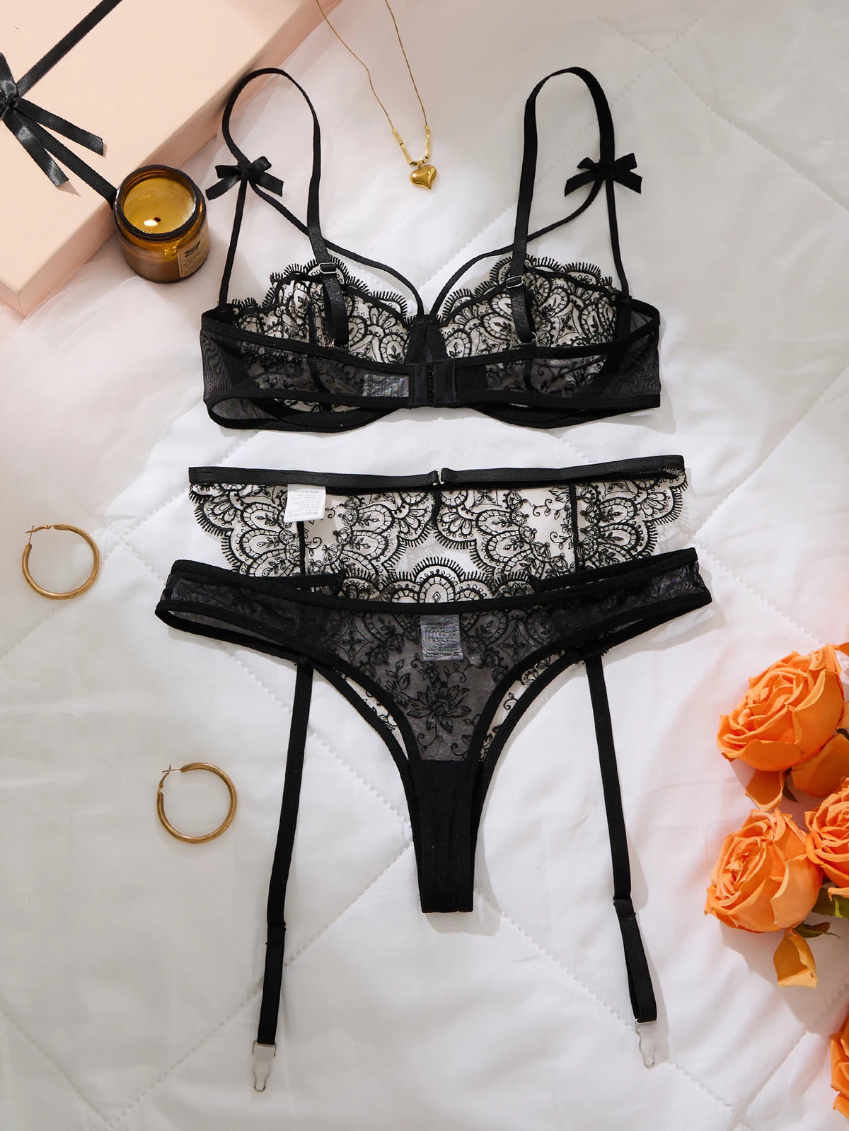 Black Floral Lace Bra, Thong & Garter Set
