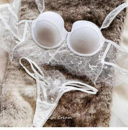 Sexy Lace Underwear Female Poly Poly Thin Soft Steel Ring up Support Anti-Sagging Collect Vice Breasts Solid Color Back Bra Set