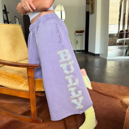 Trendy Streetwear Sweatshorts Imperfect Purple Reflective Logo Shorts Y2K Harajuku Retro Wide Leg Unisex Baggy 3/4 Length Pants