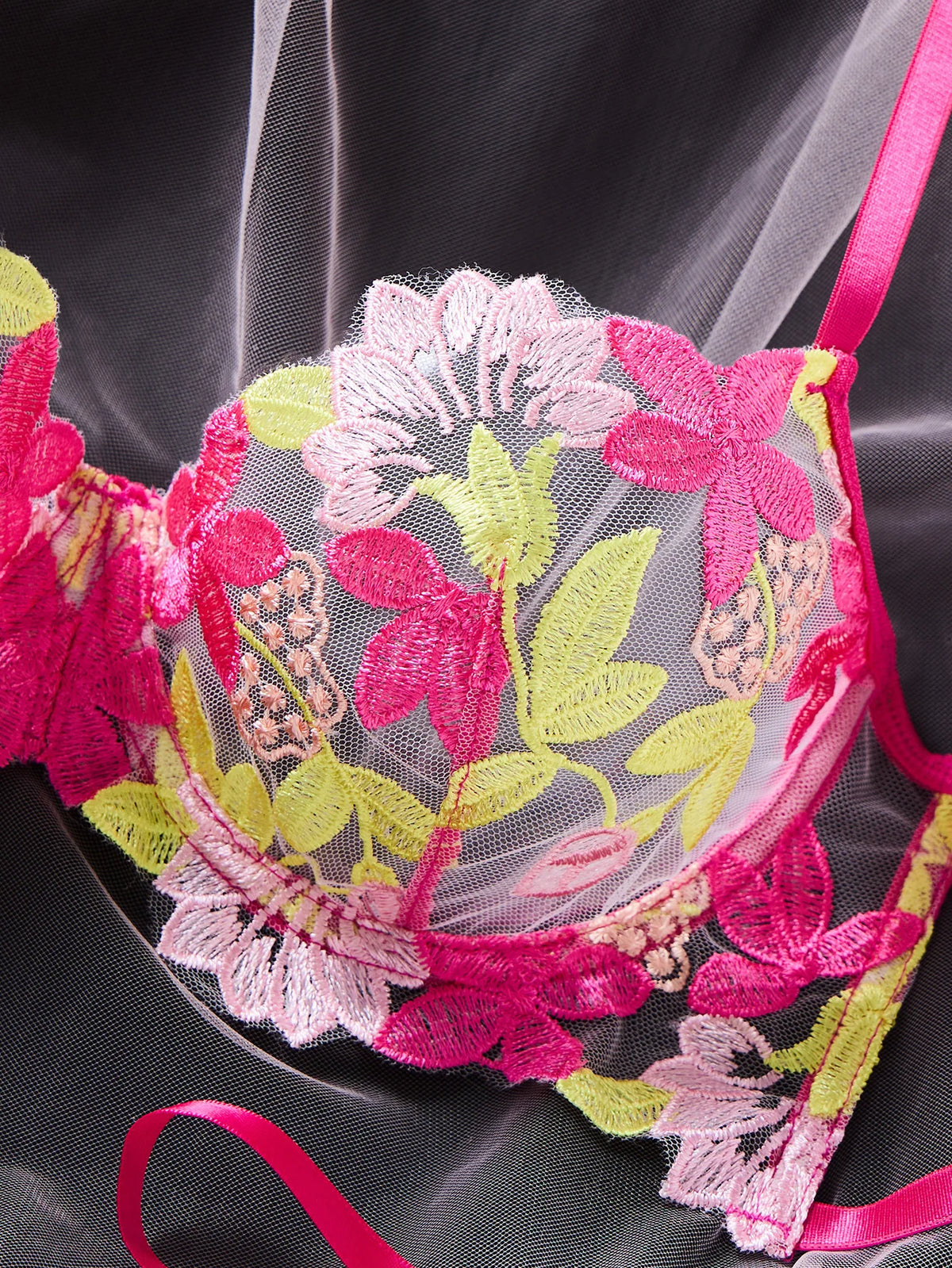Red Multicolor Floral Embroidered Bra & Thong Set