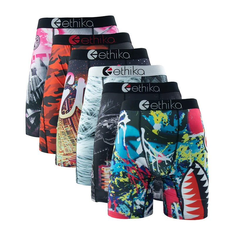 ETHIKA 6Pcs Men Underwear Boxers Breathable Mesh Man Swimming Underpants Plus Size Printed Mens Panties Sexy Men's Boxershorts