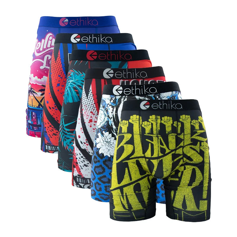 ETHIKA 6Pcs Men Underwear Boxers Breathable Mesh Man Swimming Underpants Plus Size Printed Mens Panties Sexy Men's Boxershorts