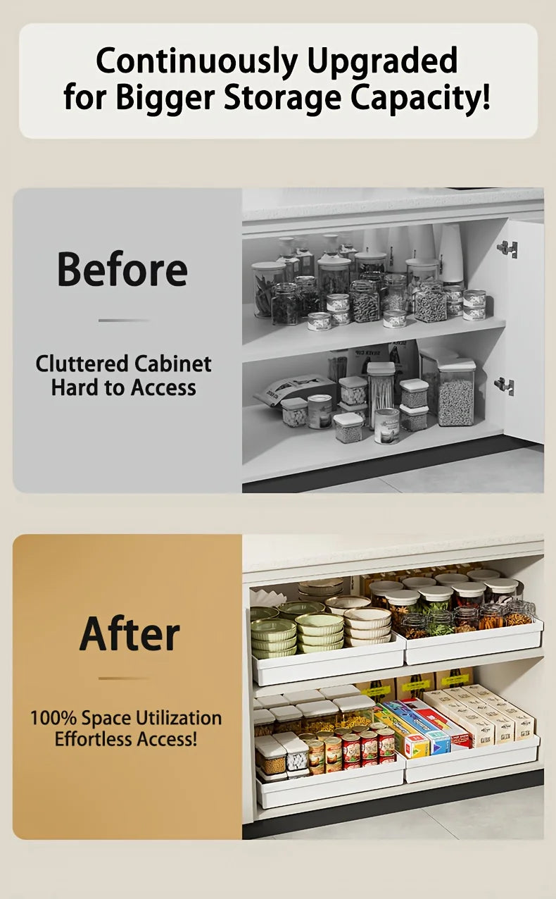 No-Drill Magic Tray Heavy-duty slide-out organizer for cabinets/sinks. Easy install, huge space saver! Perfect for tiny homes