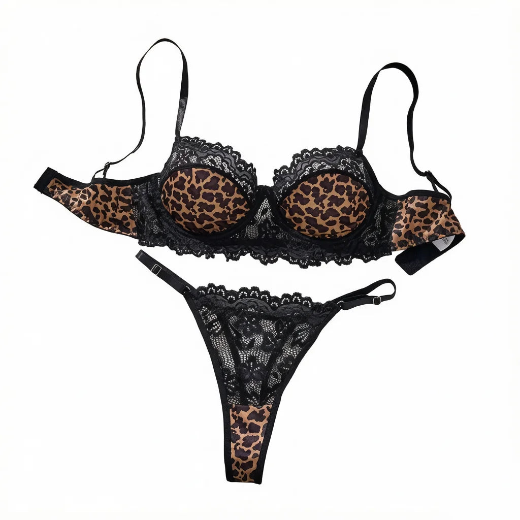 Black Leopard Lace Bra & Thong Set