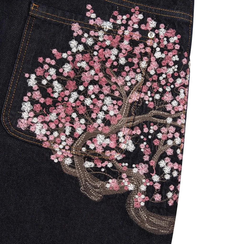 Cherry Blossom Selvedge Embroidery Denim Pants Y2k Retro Men Casual Baggy Straight Wide Leg Jeans High Quality Hiphop Streetwear
