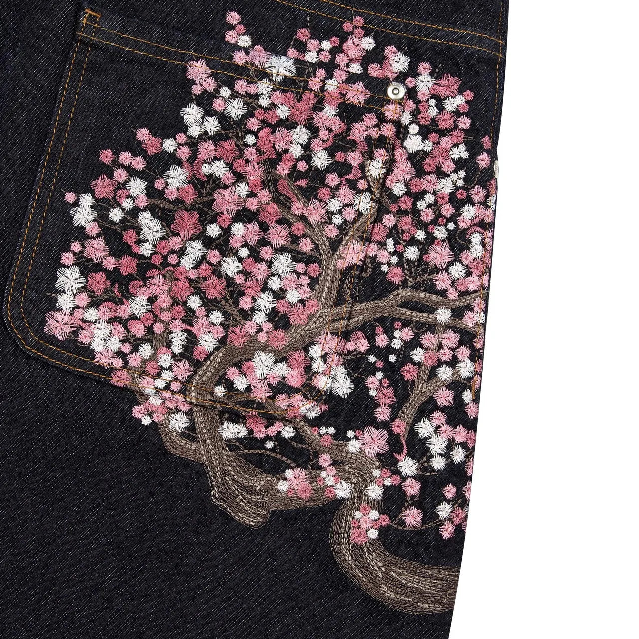 Cherry Blossom Selvedge Embroidery Denim Pants Y2k Retro Men Casual Baggy Straight Wide Leg Jeans High Quality Hiphop Streetwear