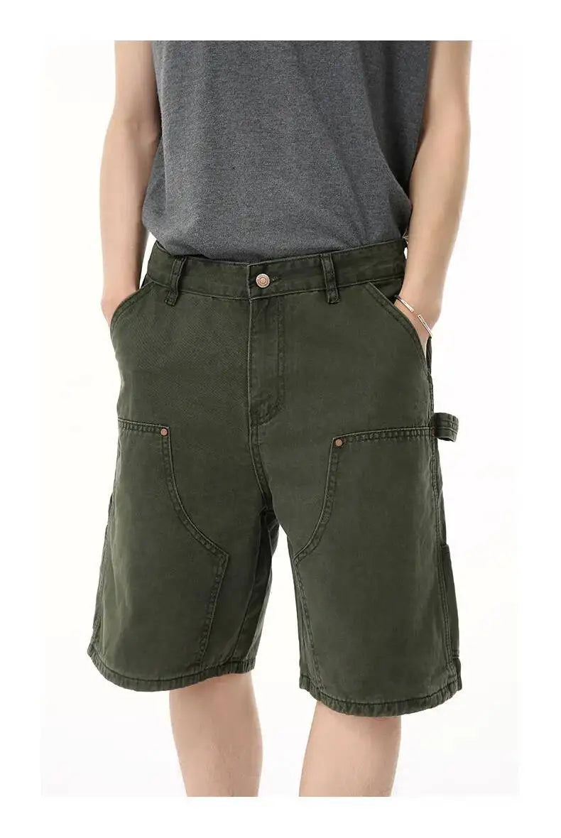 IEFB Men's Wear Knee Length Denim Shorts Summer New Multi Pocket Loose Jeans Solid Color Japanese Style Male Overalls 9C6027