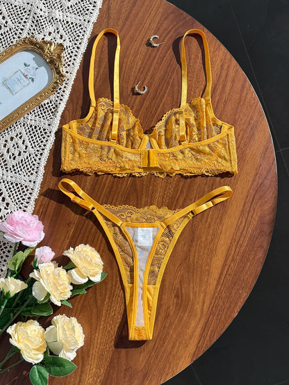 Women's Yellow Floral Lace Bra & Panty Set