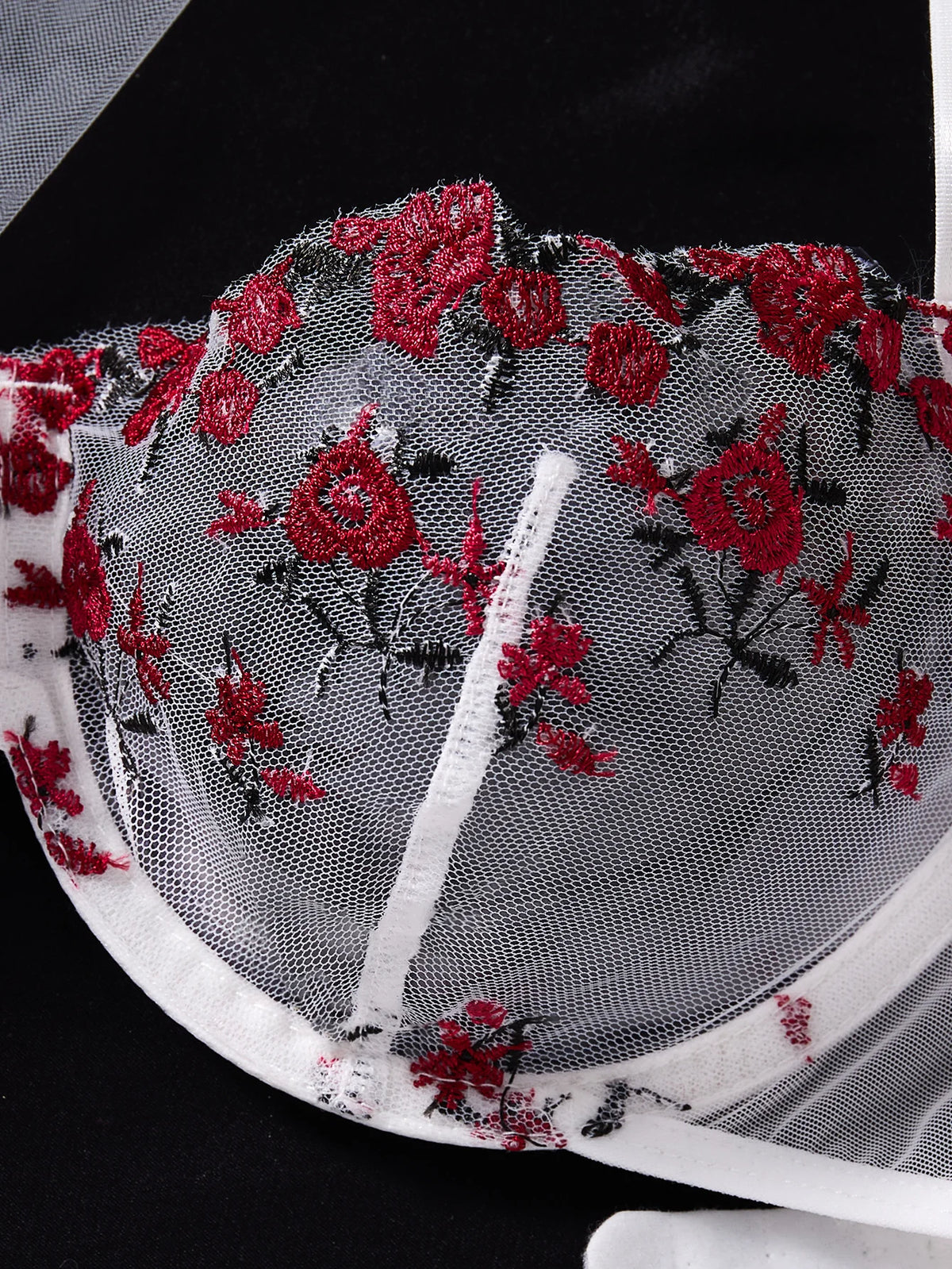 White & Red Rose Embroidered Bra & Thong Set