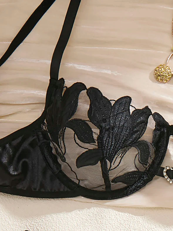 Black Floral Embroidered Satin Bra & Thong Set