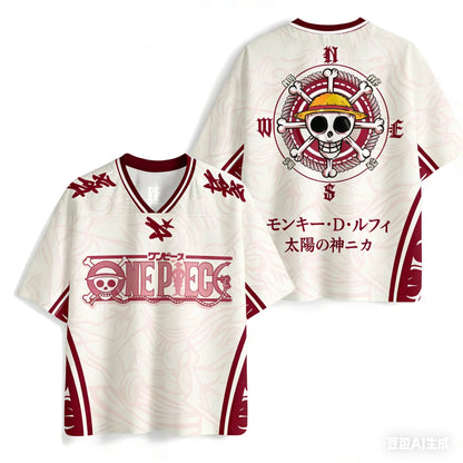Bandai 2026 One Piece Luffy Anime T-shirt Retro Baseball Jersey Style Printed Y2k Street Wear Harajuku Family Matching