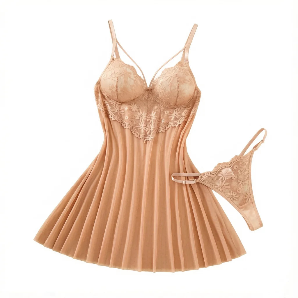 Champagne Daisy Embroidered Mesh Babydoll Set