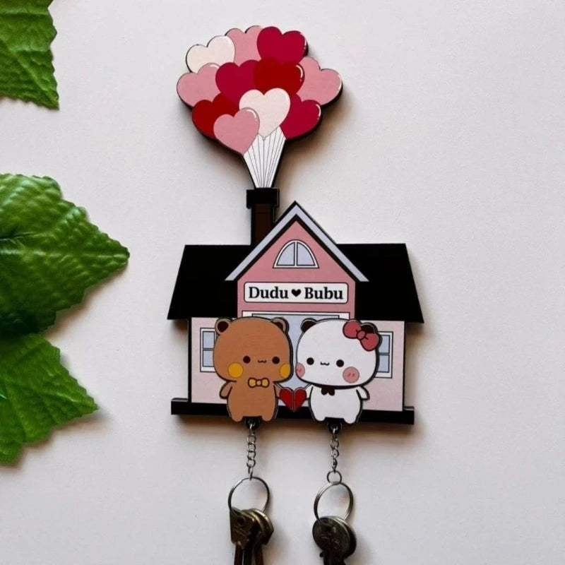 Kawaii Wall Key Holder Panda Bubu And Dudu Acrylic Keychain Hanger Cartoon Backpack Charm Key Ring Pendant Accessory Couple Gift