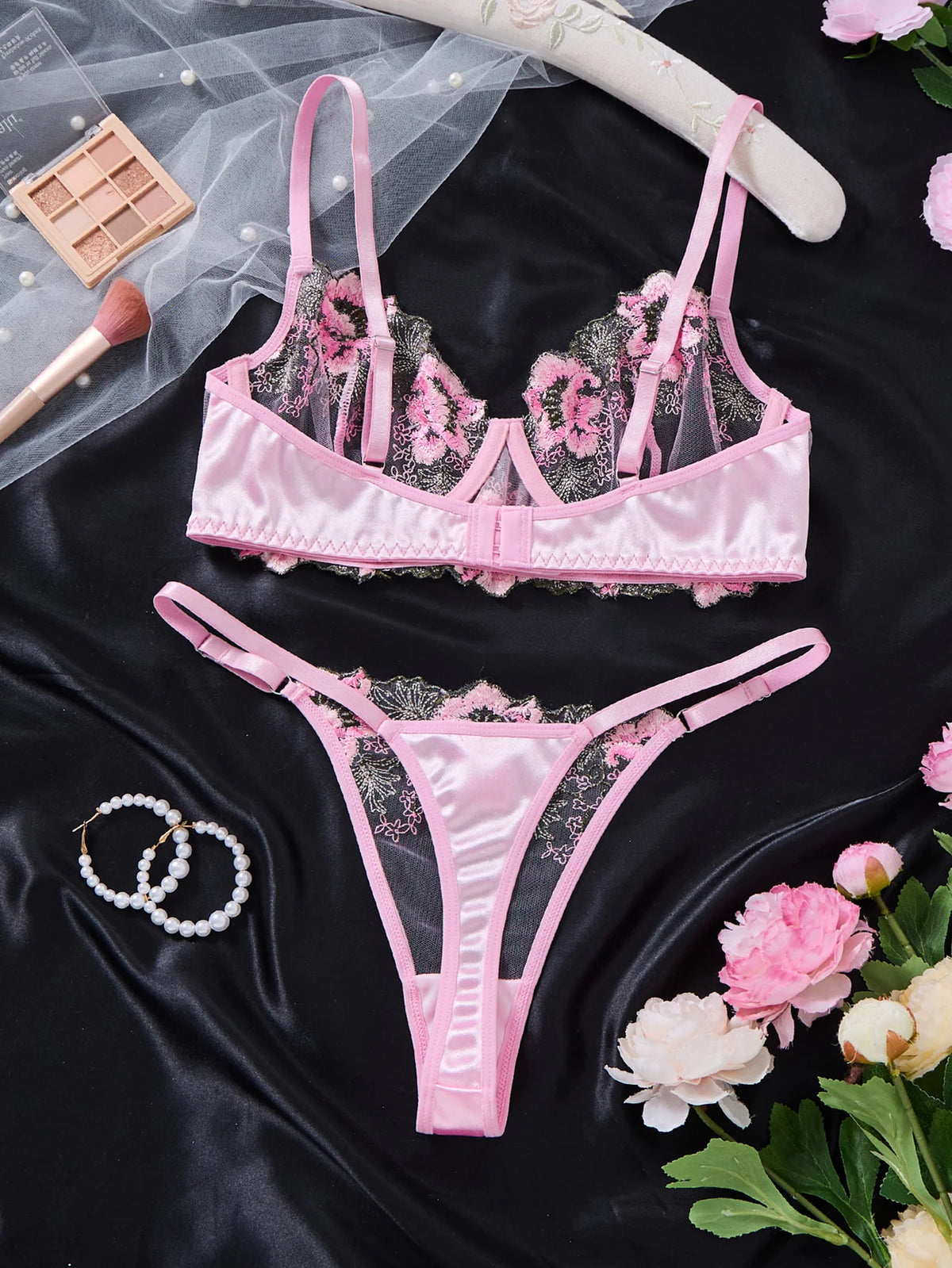 Pink Floral Embroidered Lace Bra & Thong Set