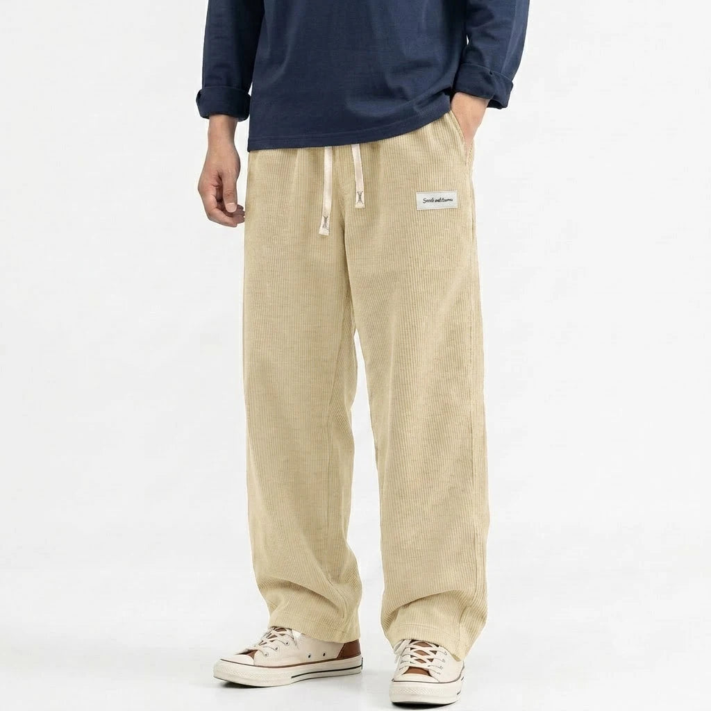 Men's Solid Corduroy Baggy Pants Casual Loose Straight Leg Trousers Elastic Waist Drawstring Streetwear Male Autumn Bottoms Man