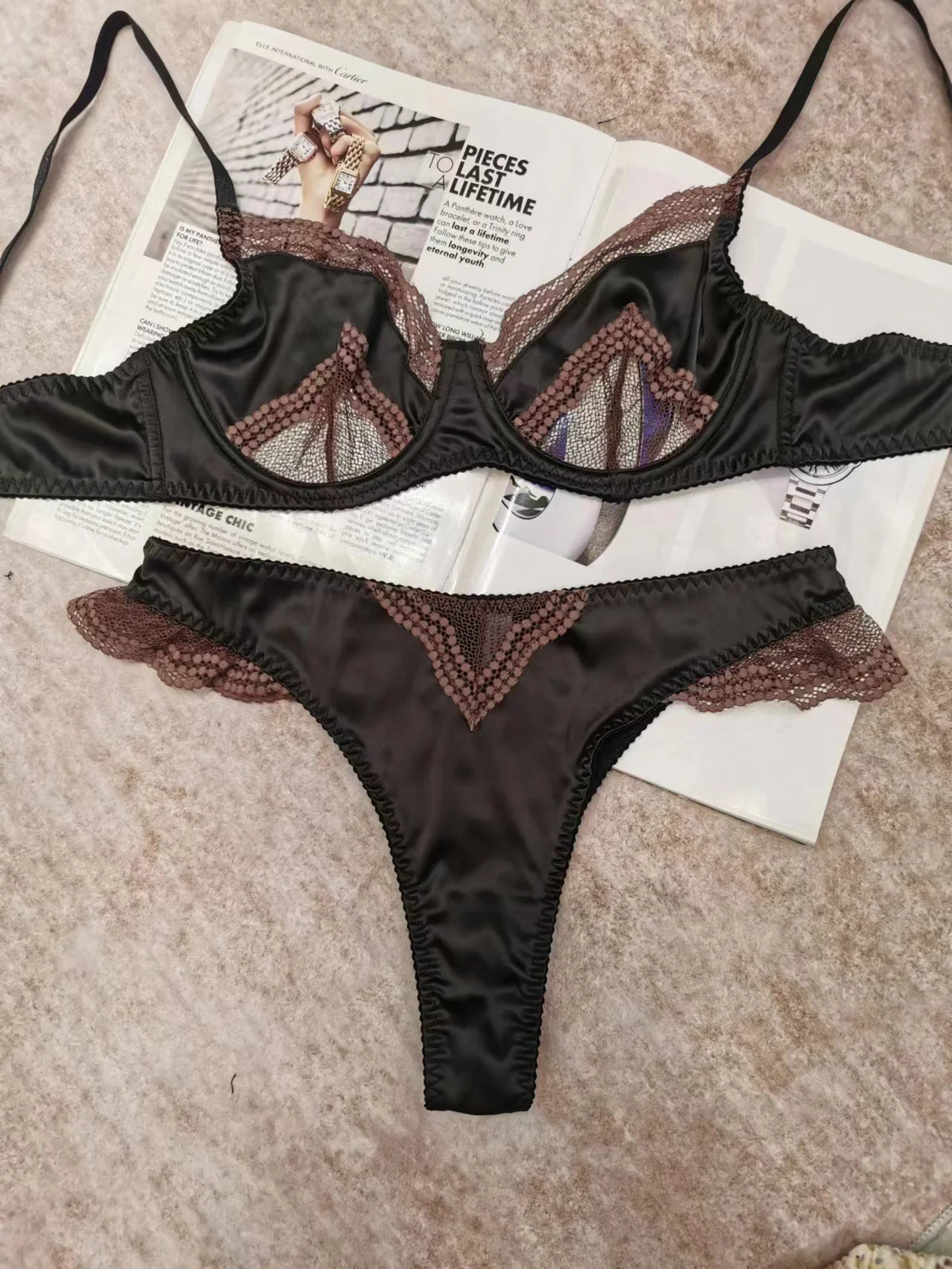 Women's Satin Lace Support Bra Set