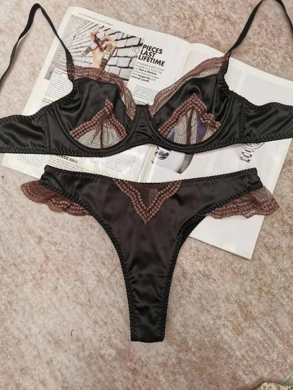 Women's Satin Lace Support Bra Set