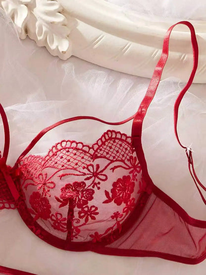 Women's Red Lace Embroidered 3-Piece Lingerie Set