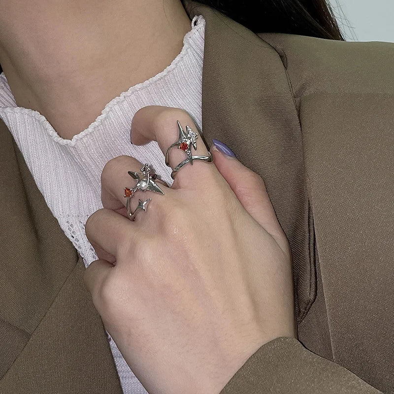 Irregular Cross Star Opal Rings Y2K Natural Stone Star Ring for Women Men Couple Rings Moonstone Zircon Ring Unisex Jewelry 2024