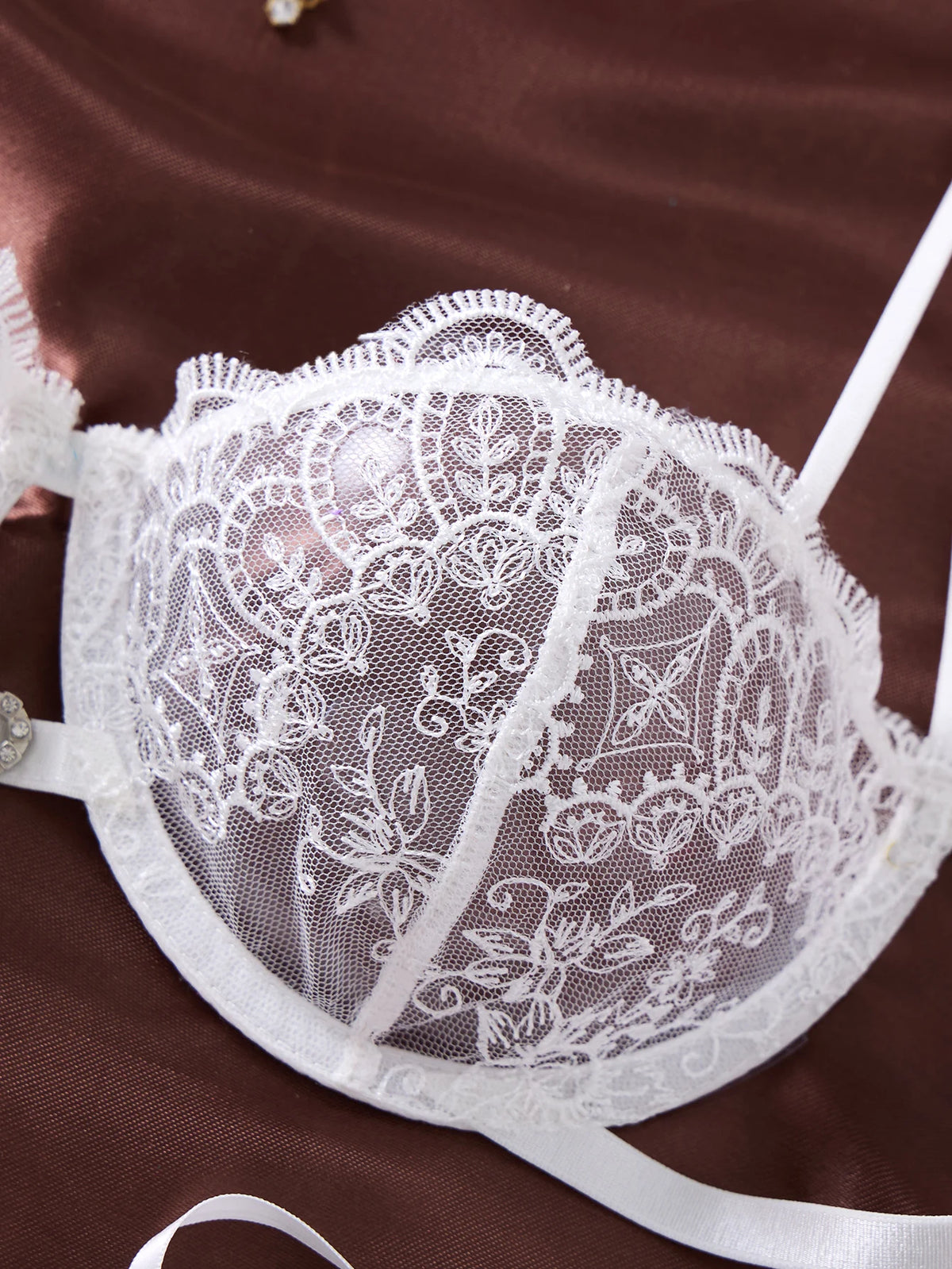 White Floral Embroidered Mesh Bra & Thong Set