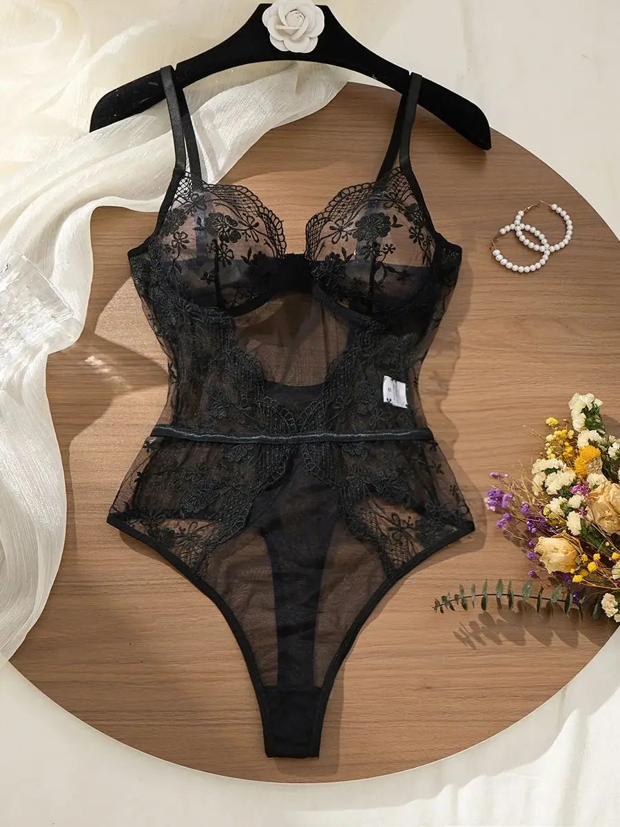Women's Black Floral Lace Bodysuit