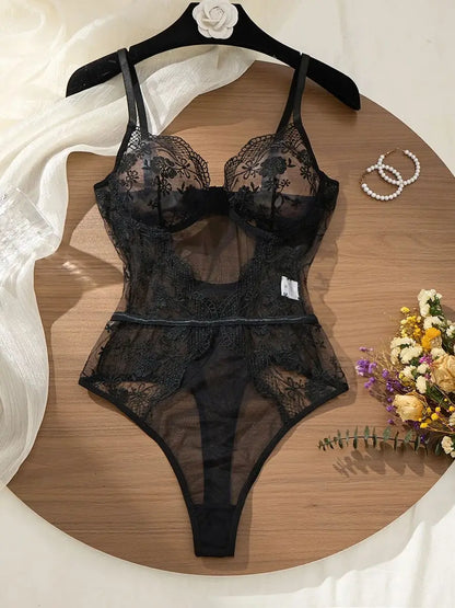 Women's Black Floral Lace Bodysuit