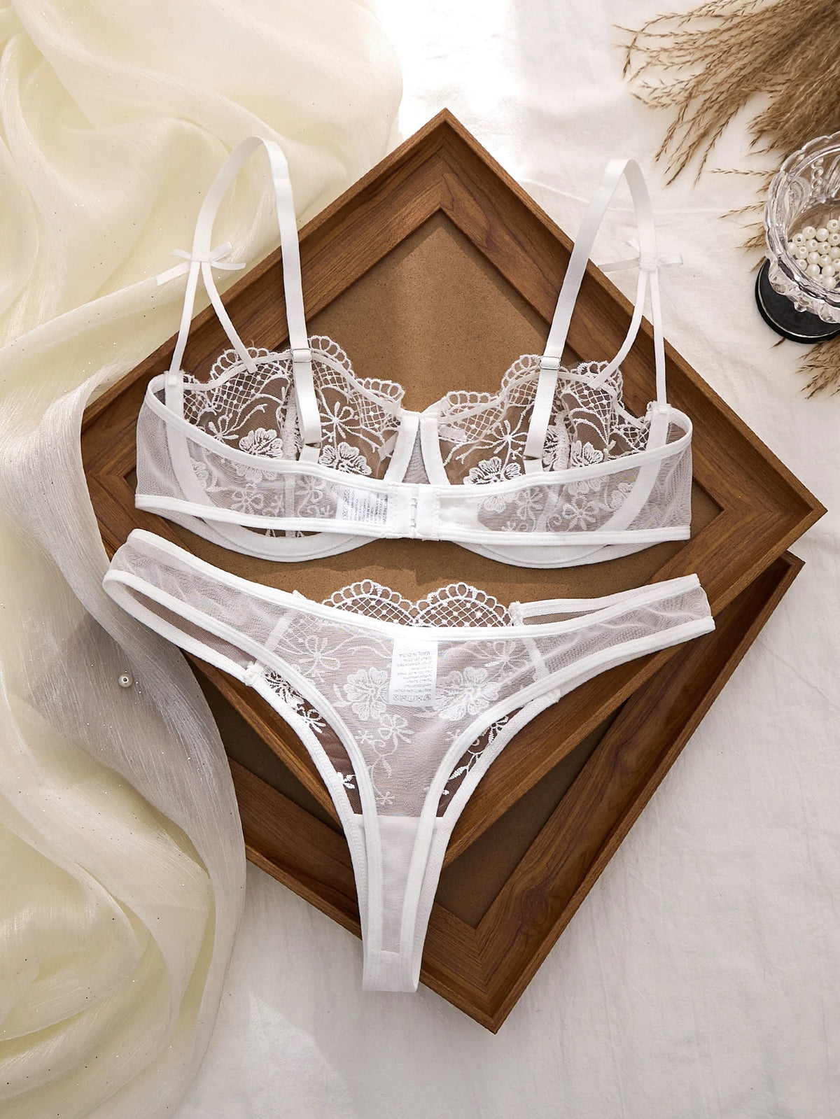 Women's Sheer Floral Embroidered Lingerie Set