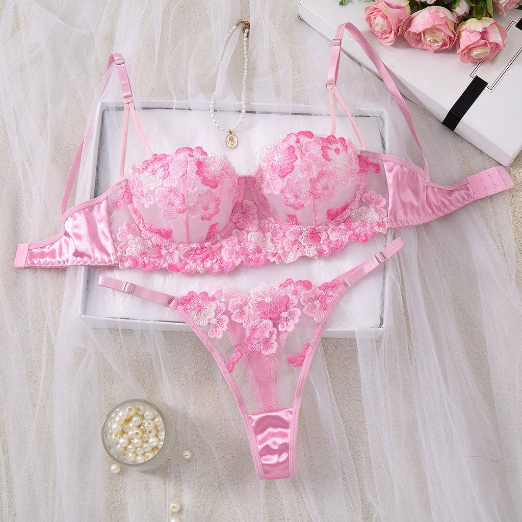 Pink 3D Floral Embroidered Bra & Thong Set