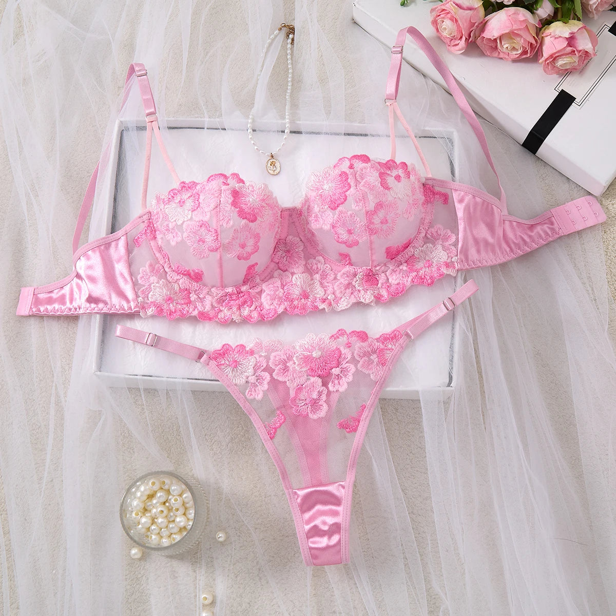 Pink Cherry Blossom Embroidered Bra & Thong Set