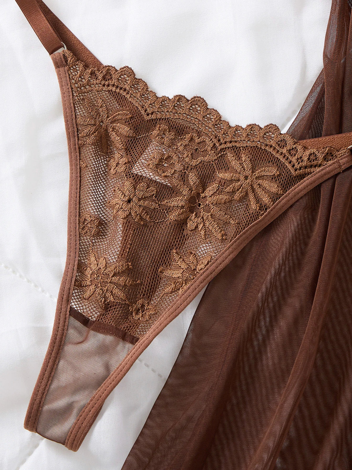 Coffee Floral Lace Nightgown Set