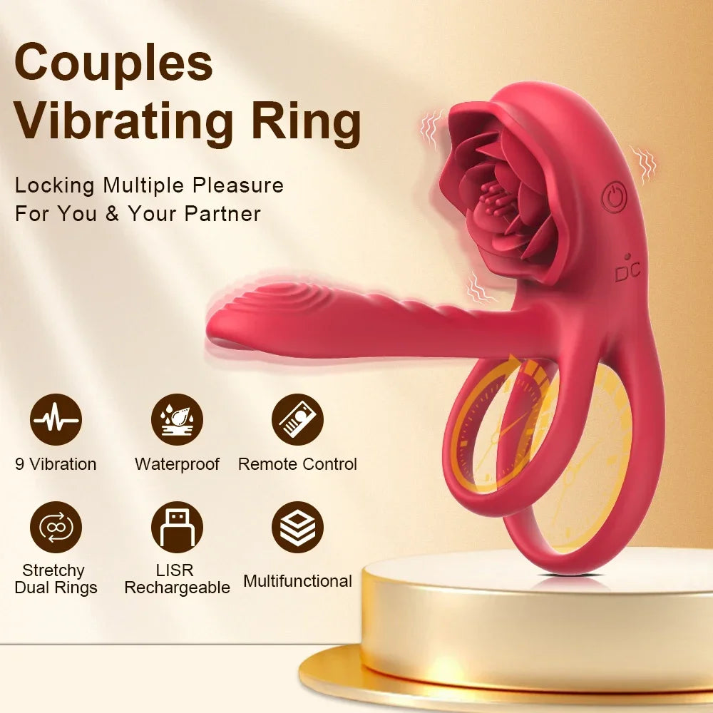 Remote Control Vibrating Cock Ring Penis Sleeve with Rose Clitoral Stimulator Penis Ring Vibrator Adult Sex Toys for Men Women