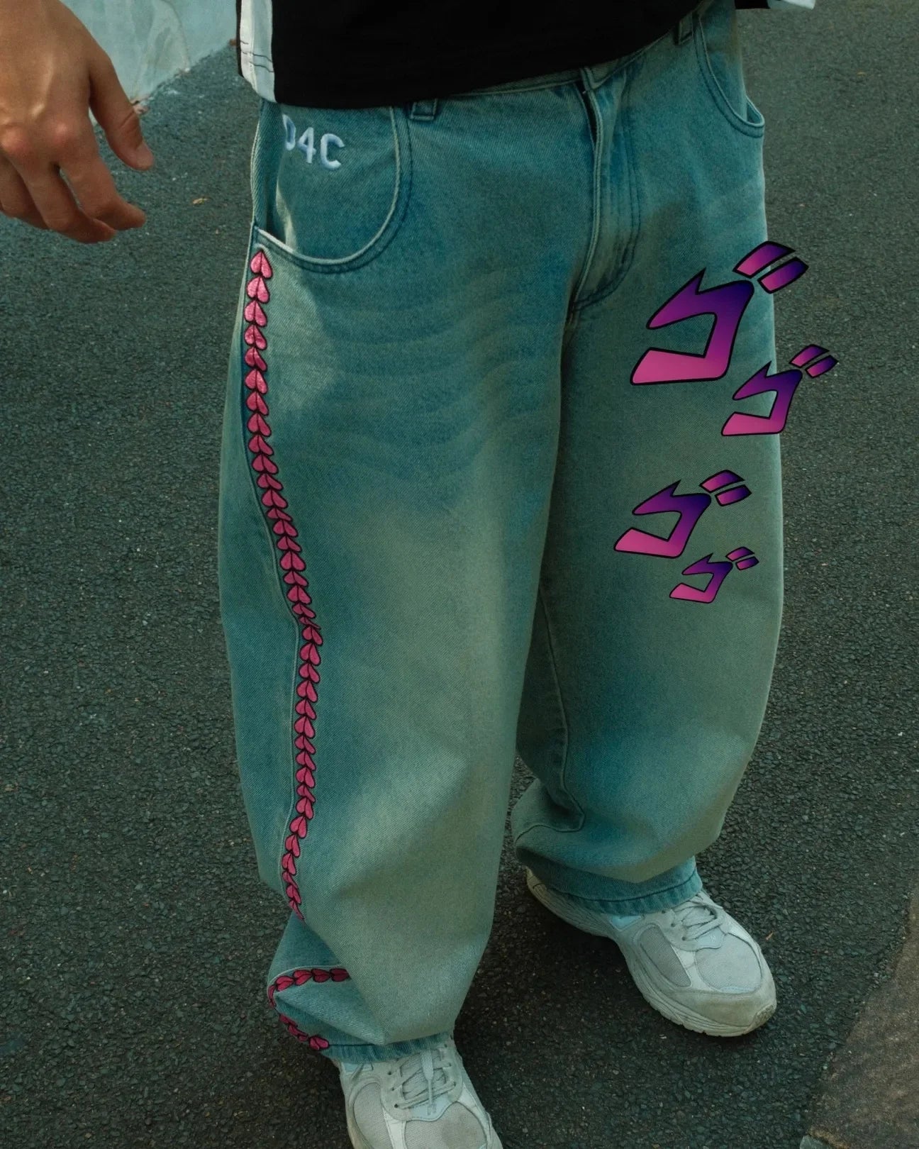 Y2K Men D4C JoJo High Waist Baggy Jeans Women Pink Heart Side Embroidery Loose Fit Washed Denim Pants Streetwear Wide Leg Pants