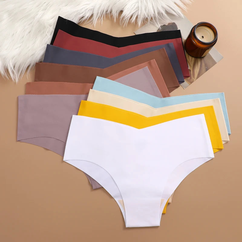 FINETOO 4pcs Seamless Ultra-thin Underwear Women's Panties Sexy V-Waist Breathable Briefs Female Silk Stretch Invisible Lingerie
