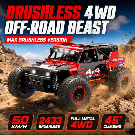 4WD Brushless RC Car 50KM/H 100M 2.4G Full Proportional Remote Metal Differential LED Multi Lights Independent Shock Absorber